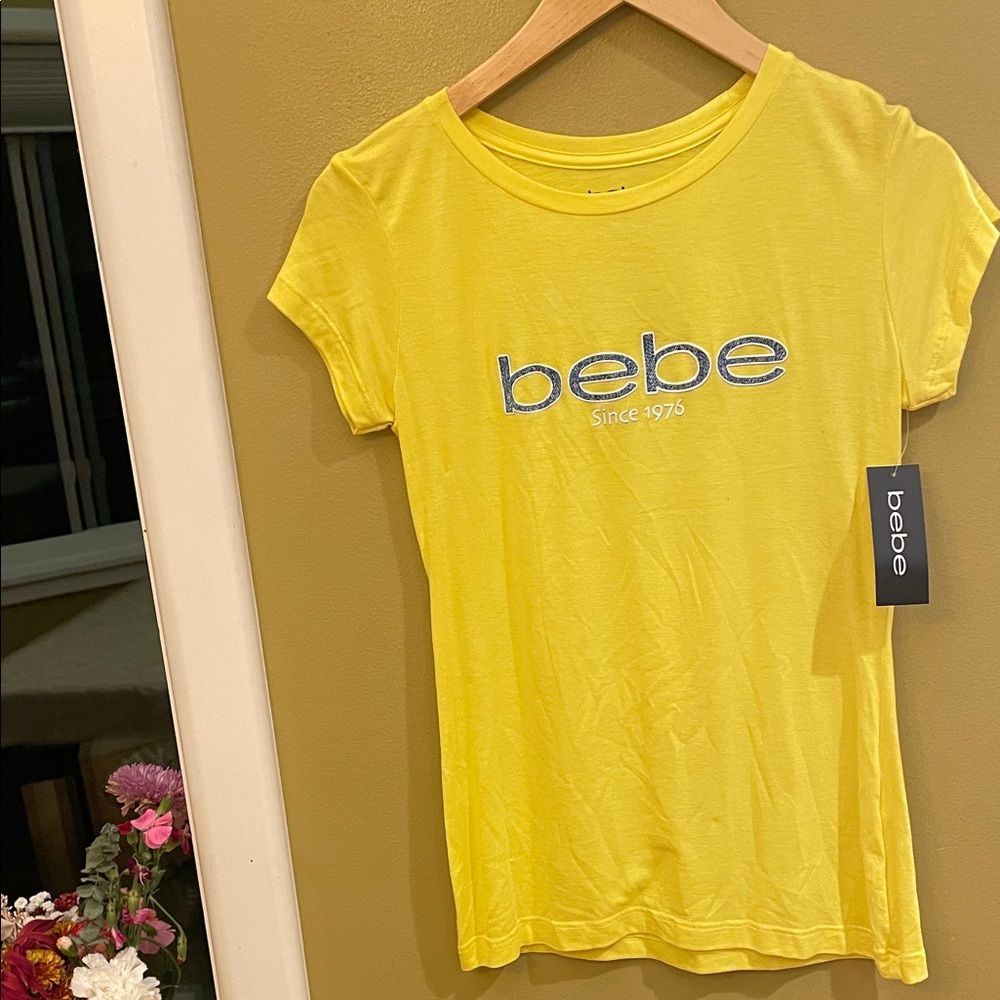 NWT Bebe Bright Yellow Logo Tee